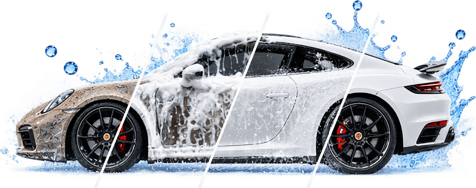 Une même voiture aux quatre étapes d’un lavage à domicile : carrosserie sale, mousse active, rinçage, puis carrosserie propre.