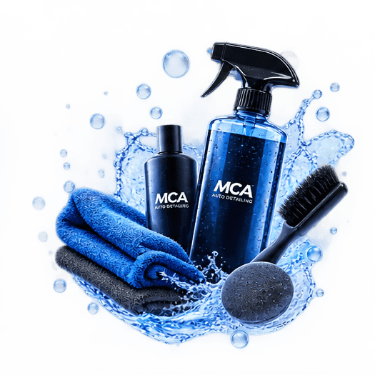 Produits et accessoires de detailing MCA : flacons, microfibres et brosse